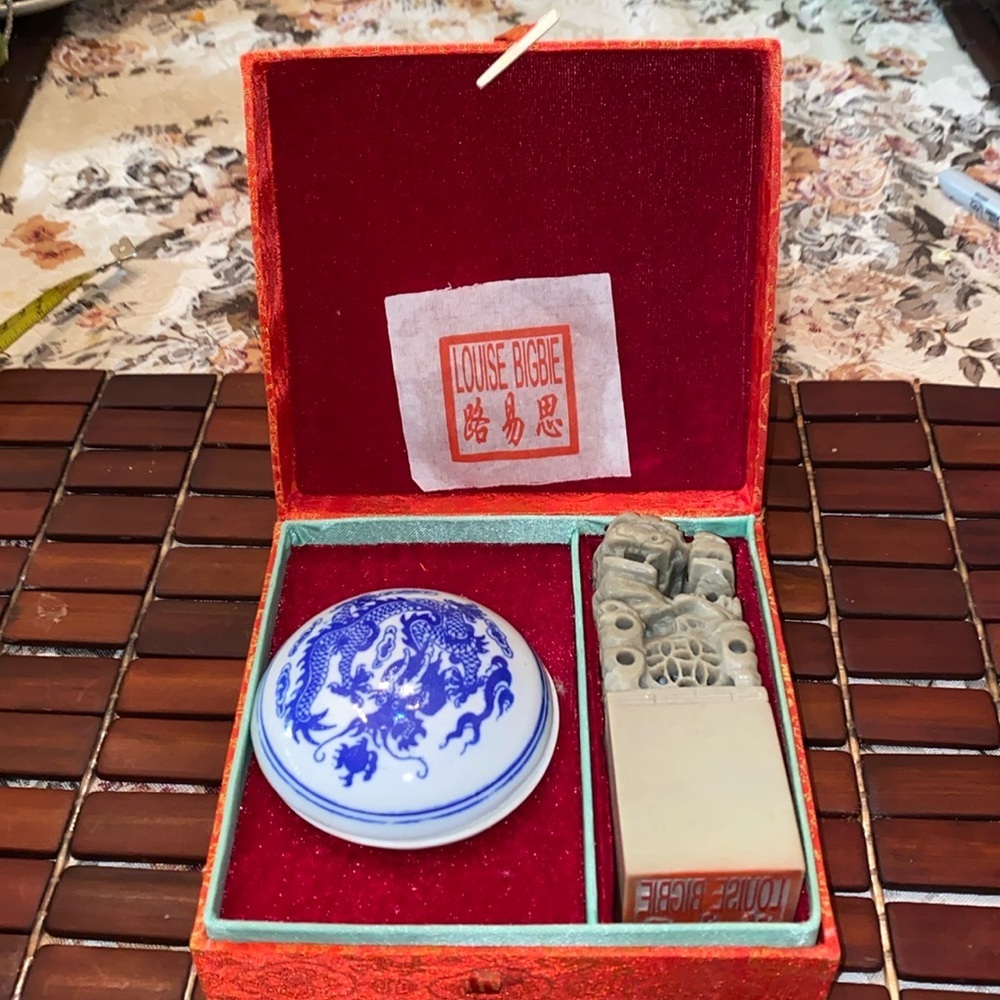 Vintage Chinese stone carved stamp and red ink with porcelain dish Original box.